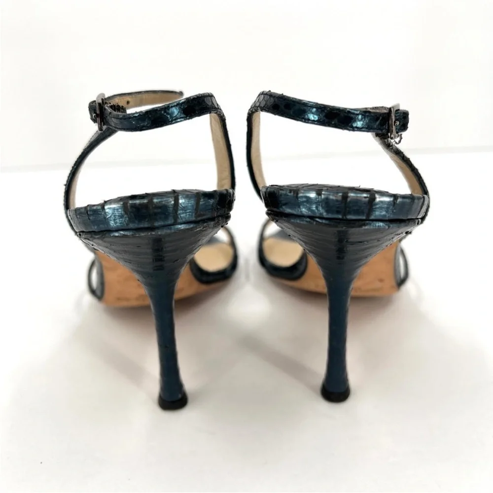 JIMMY CHOO Shoes Womens 38 Metallic Blue Snake Embossed Strappy Leather Sandal - Picture 3 of 14